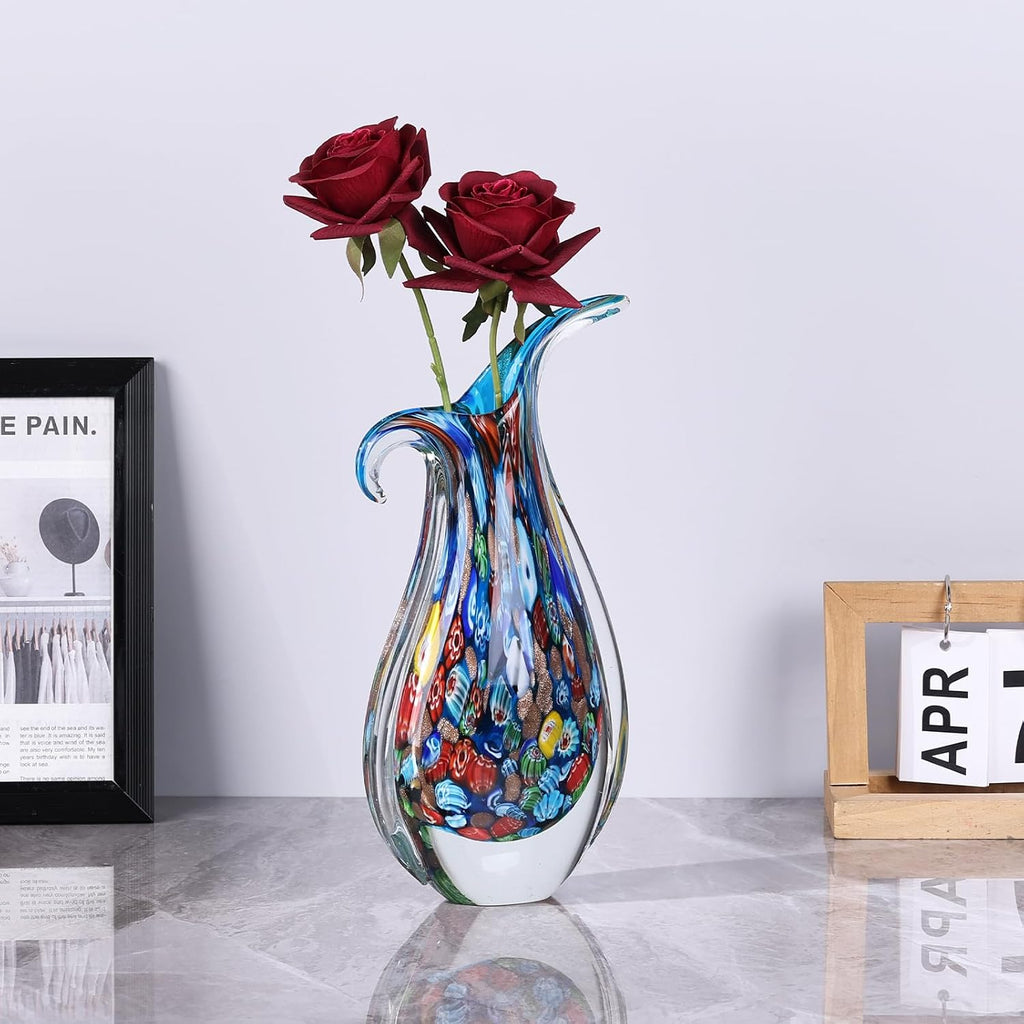 Hand Blown Glass Vase for Centerpiece, Murano Style Table Decoration, Blue Blown Art Glass Ellipse Flower Vase