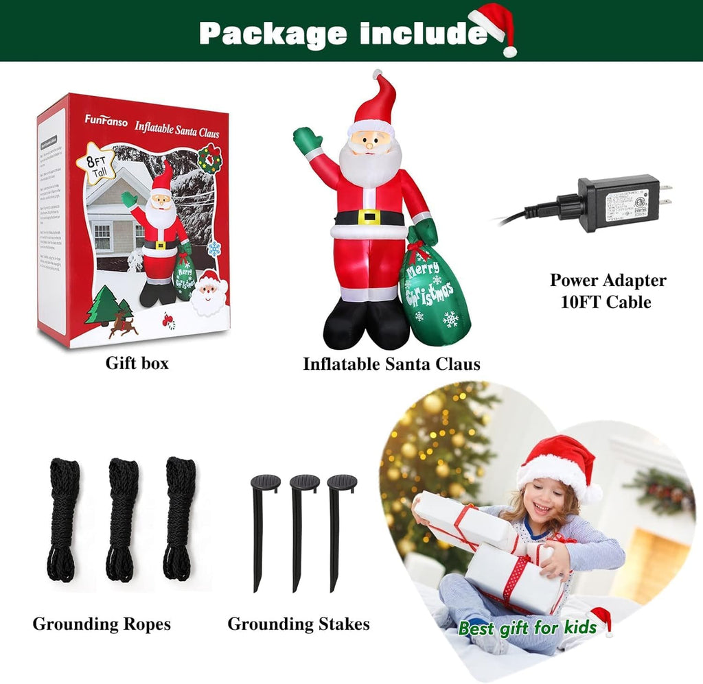 8 FT Christmas Inflatable Santa Claus Outdoor Decors for Yard, Xmas Blow up Santa Decoration with Gift Bag, Built-in