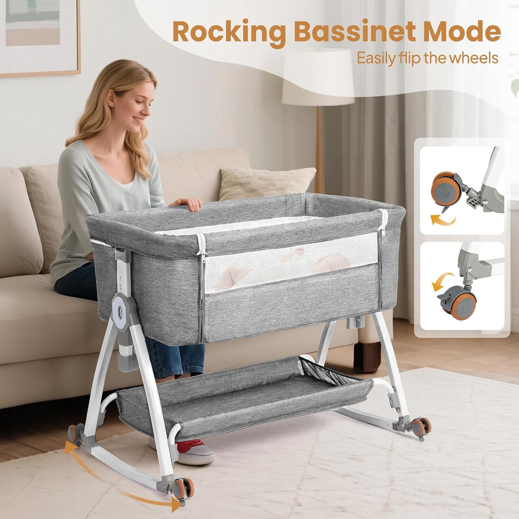 3 in 1 Baby Bassinet, Bedside Bassinet for Baby, with Comfy Mattress and Wheels, 6 Height Adjustable Easy Folding