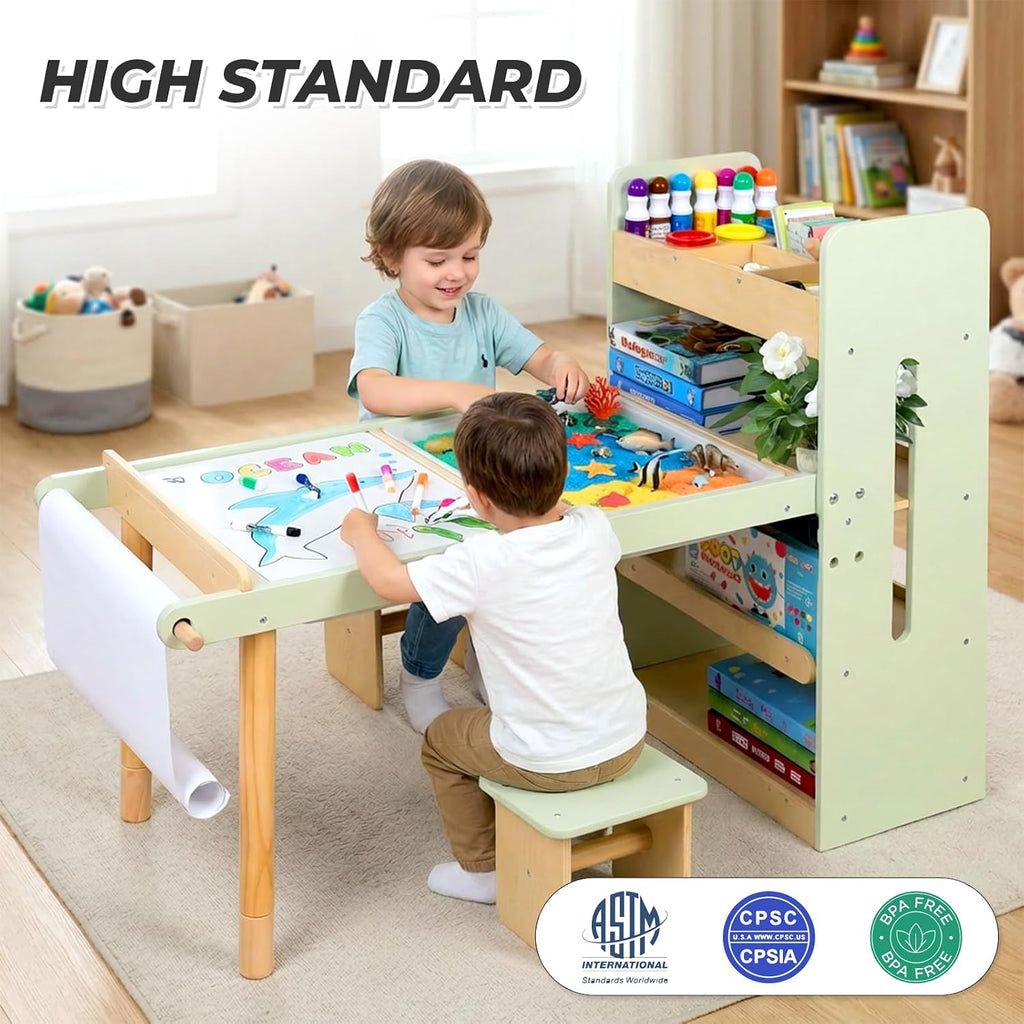 Kids Sensory Art Table for Toddlers 1-3 with Chairs, Storage Bins & Shelves