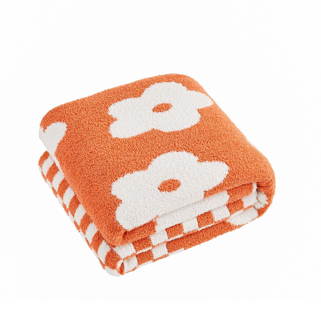 Checkered Throw Blanket, Orange Flower Blanket for Couch, 50"x60" Soft Plaid Knit Blanket Decor, Reversible