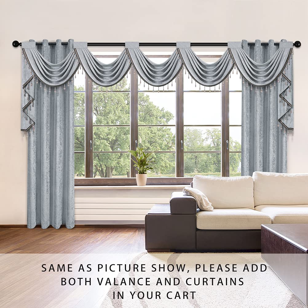Luxury Silver Grey Chenille Waterfall Valance, 5 Hollow Swags Curtain Valance, Rod Pocket, 1 Panel