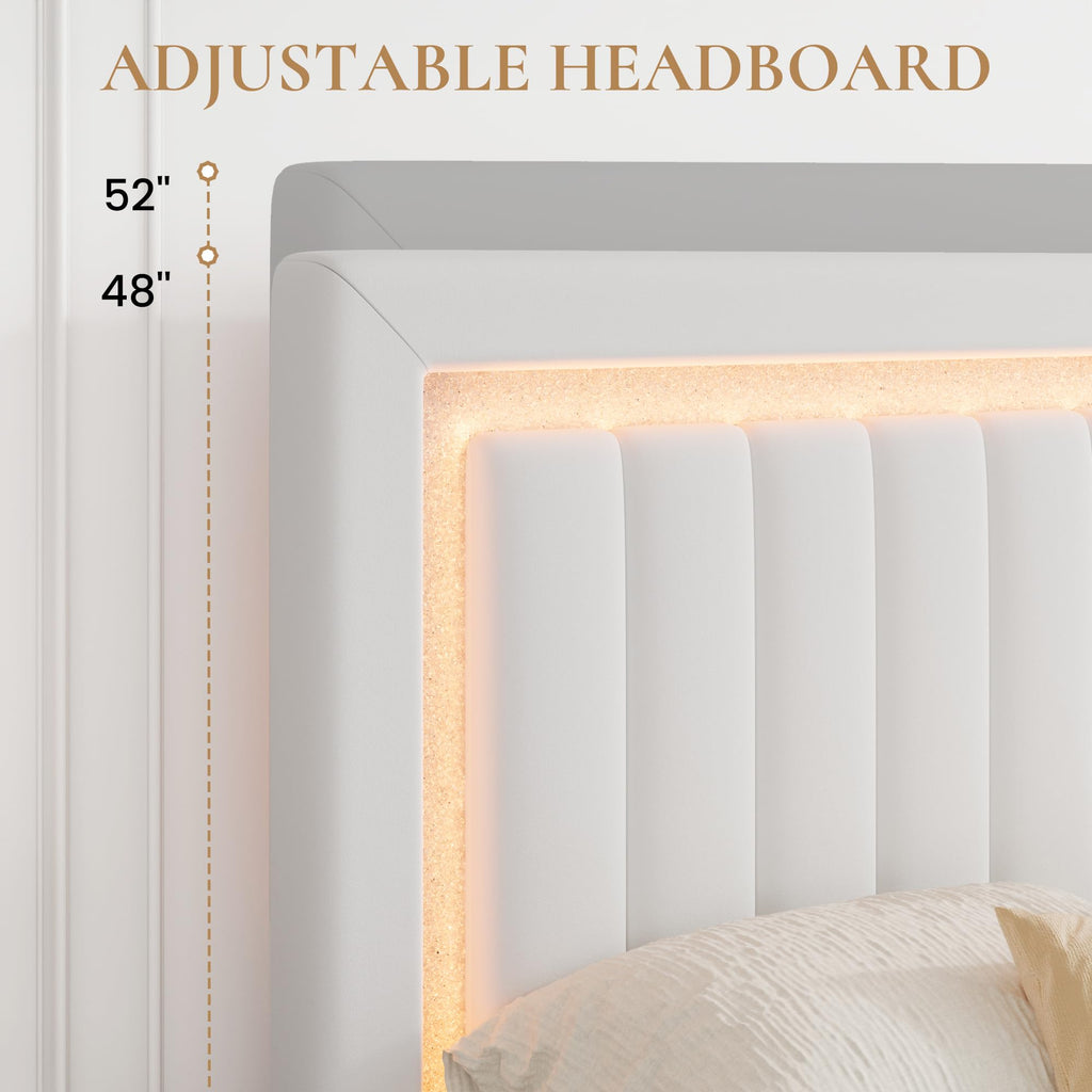 Full Size Velvet Bed Frame with LED Light, White