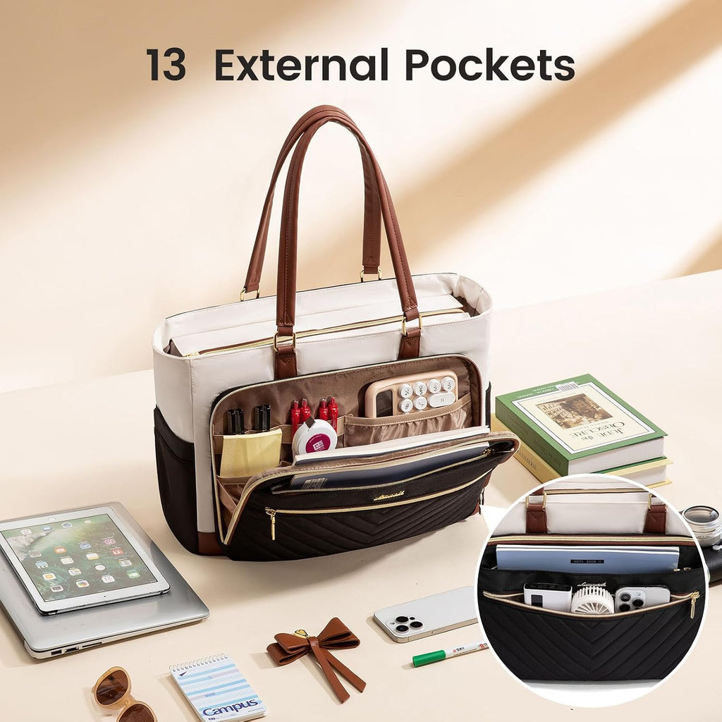 17 Inch Laptop Tote Bag for Women, Teacher Nurse Work Tote Bags with Large Cup Holder & Multi-Pockets Travel College