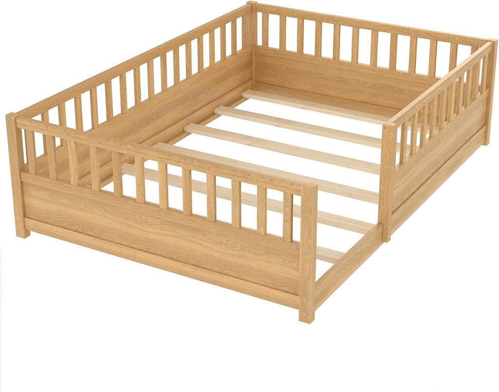 Full Size Floor Bed with High Fence, Wood Montessori Bed with Slats and Guardrails