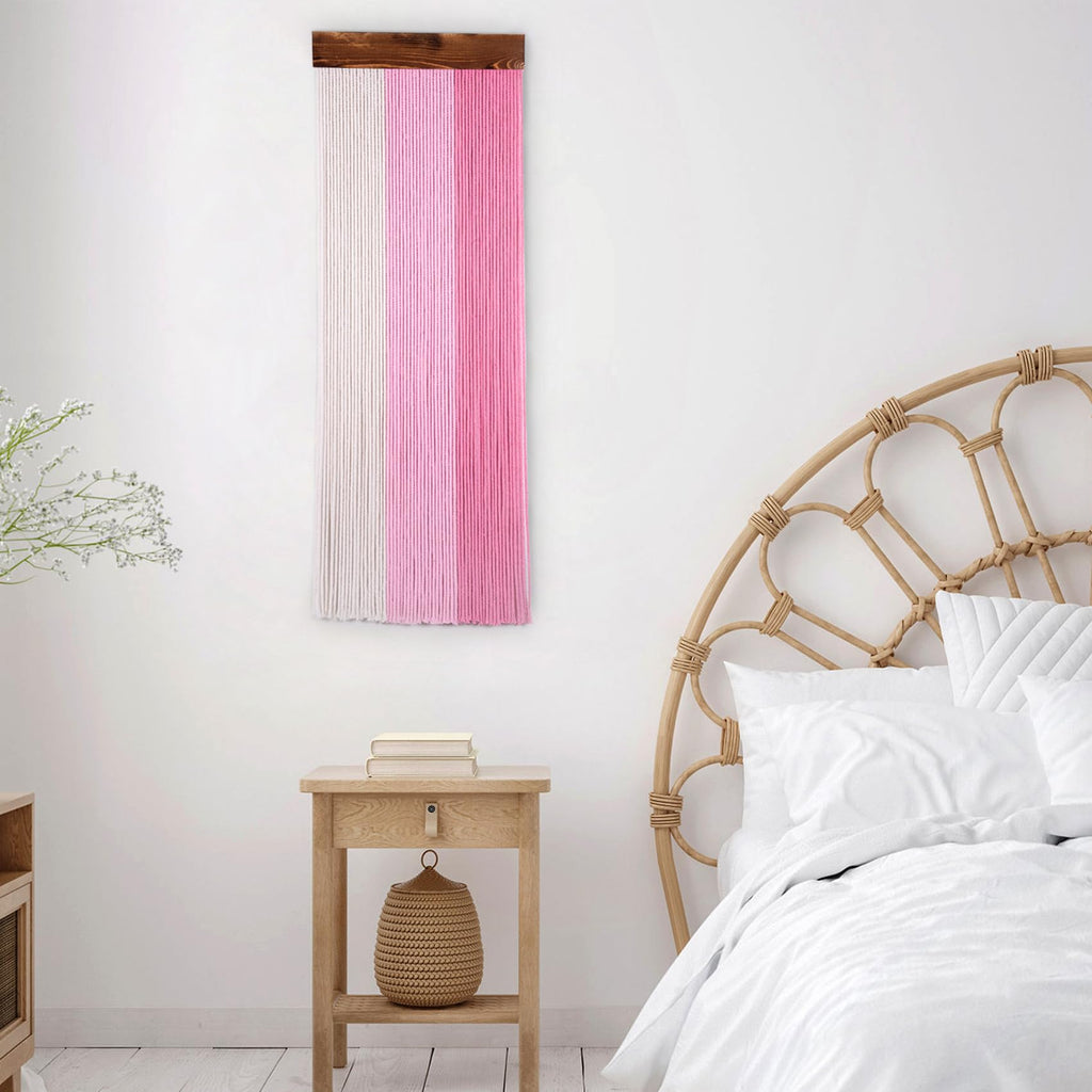 Pink Macrame Wall Hanging Boho Pink and Beige Wall Decor Woven Striped Macrame Wall Art Bedroom Office Apartment Yoga