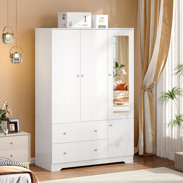 Armoire Wardrobe Closet with Doors and Mirror, 47"W Wardrobe Cabinet Wooden with Hanging Rod & Shelves Inside, 4 Door