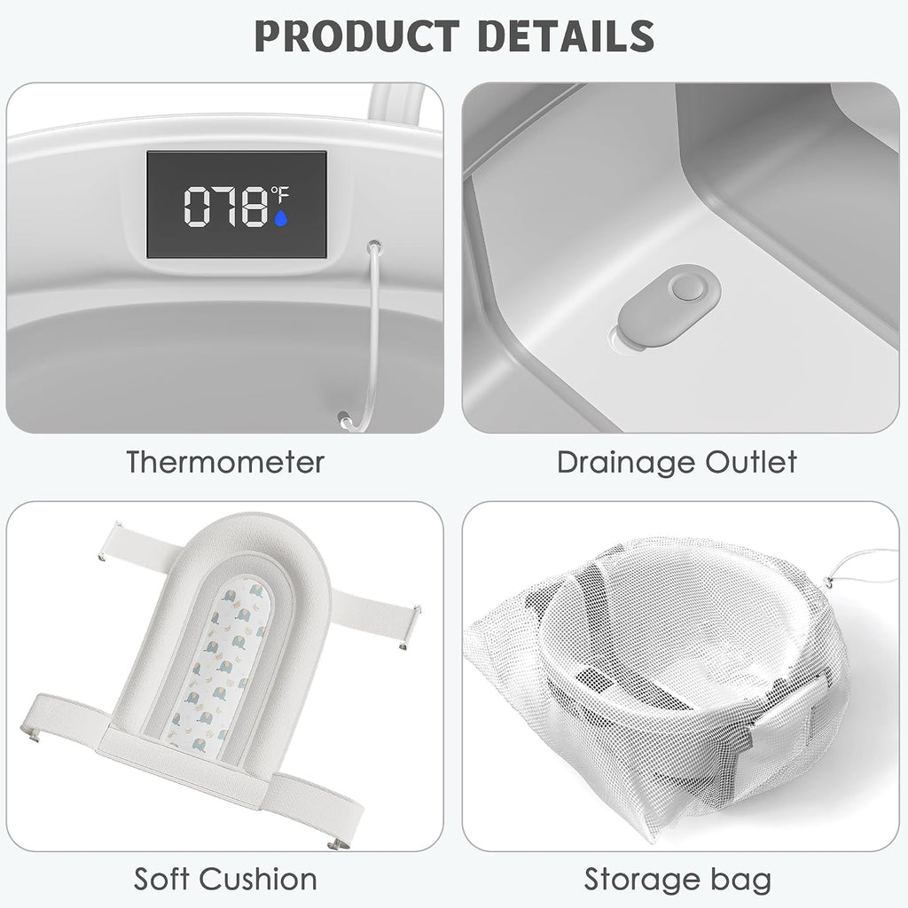 Collapsible Baby Bathtub for Newborn to Toddler 0-36 Months, Spacious Foldable Infant Bath Tub with Thermometer