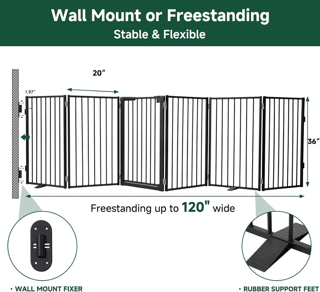 Paw Freestanding Dog Gate, 120" W x 36" H, 6-Panel, Black