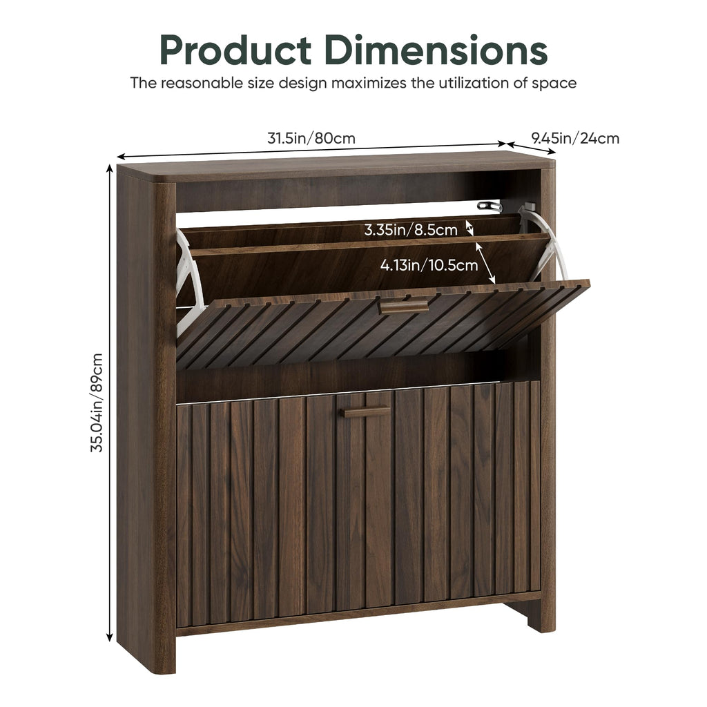 Shoe Cabinet with 2 Flip Drawers, 31.5 Inch Narrow Fluted Shoe Organizer with Gradient Wood Strips Door Hallway