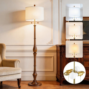 Farmhouse Floor Lamp, Solid Wood Standing Lamp, Linen Shade, Brown