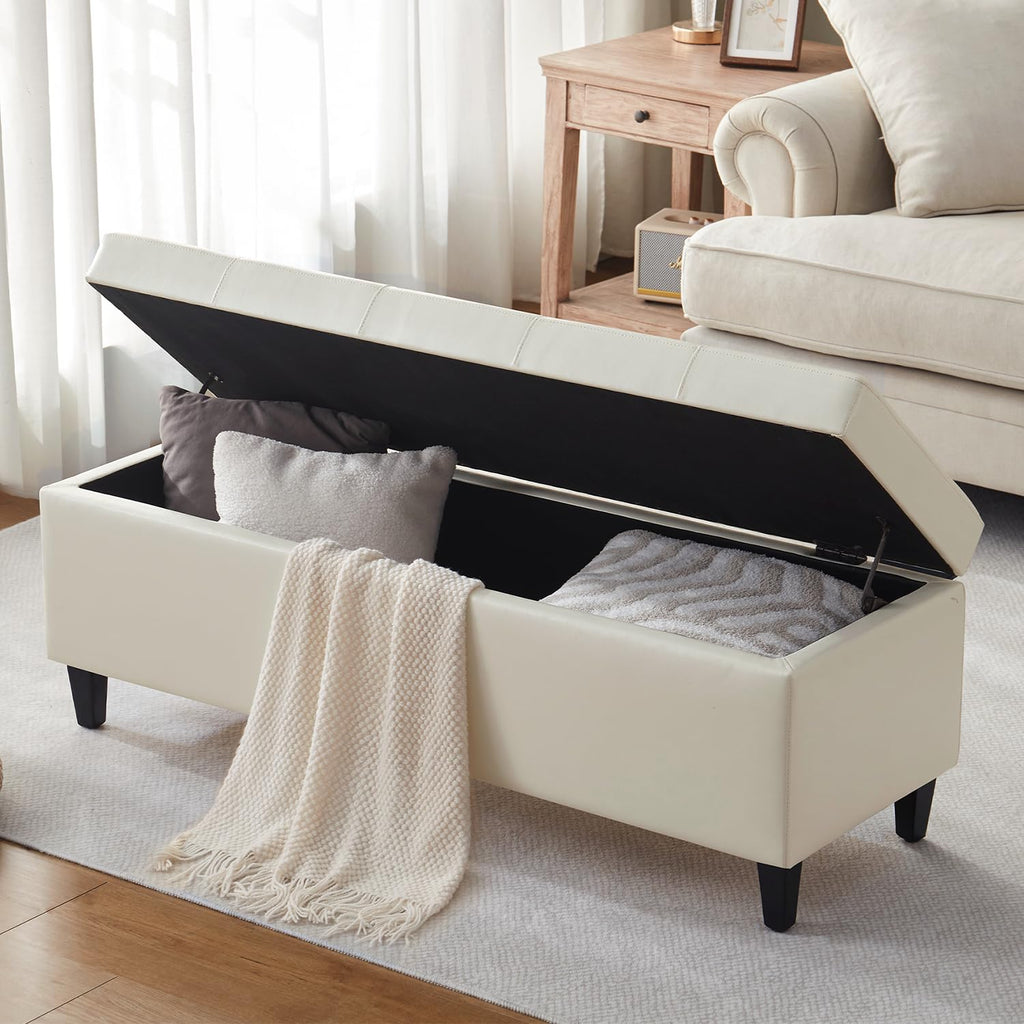 50.5 Inch Storage Ottoman Bench, Faux Leather Tufted Upholstered Bedroom Bench with Safety Hinges, Supports 300 lbs