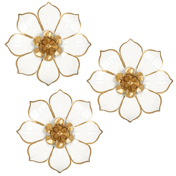 Set of 3 White and Gold Metal Flowers Wall Art Decor 10"