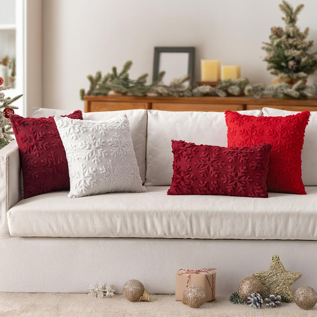 Christmas Pure White Throw Pillow Covers Snowflakes Decorative 18×18 Inch Faux Wool Winter Festival Couch Pillow - Set of 2