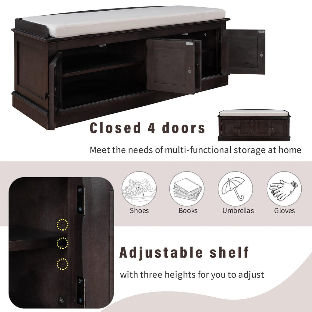 Farmhouse Storage Bench, Wood Storage Benches with Adjustable Shelves, Shoe Bench with Storage and Removable Cushion