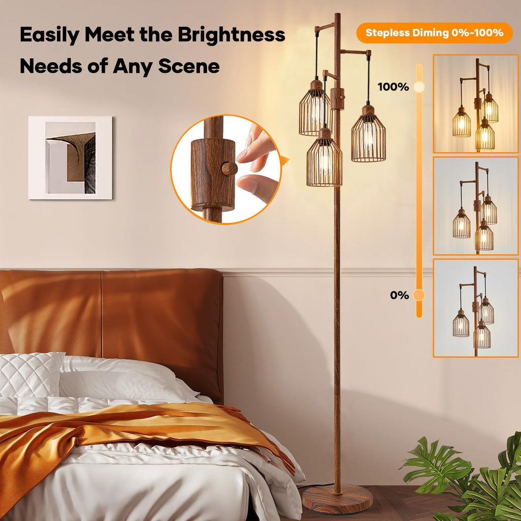 Dimmable Industrial Floor Lamp with 3 Cage Heads, Wood Grain Tree Standing Lamp with Stepless Dimming, Modern