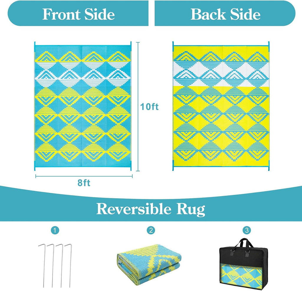 Outdoor Rug Waterproof, Reversible Outdoor Patio Rug for Backyard, Deck, Blue Yellow