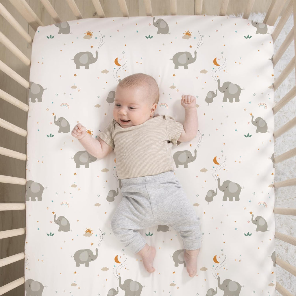 3 Piece Elephant Whimsy Baby Crib Bedding Set Boy or Girl, Nursery Decor Boy Crib Comforter Set, Classic Neutral