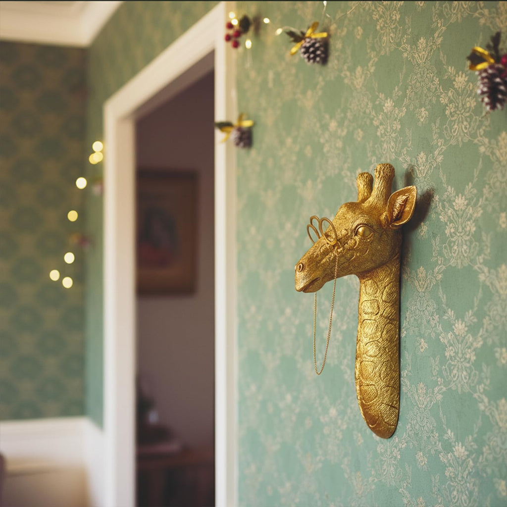 Decorative Gold Giraffe Head Wall Mount with Glasses, Resin Material, 11.42 x 5.71 x 4.33 Inches, Modern Safari Wall