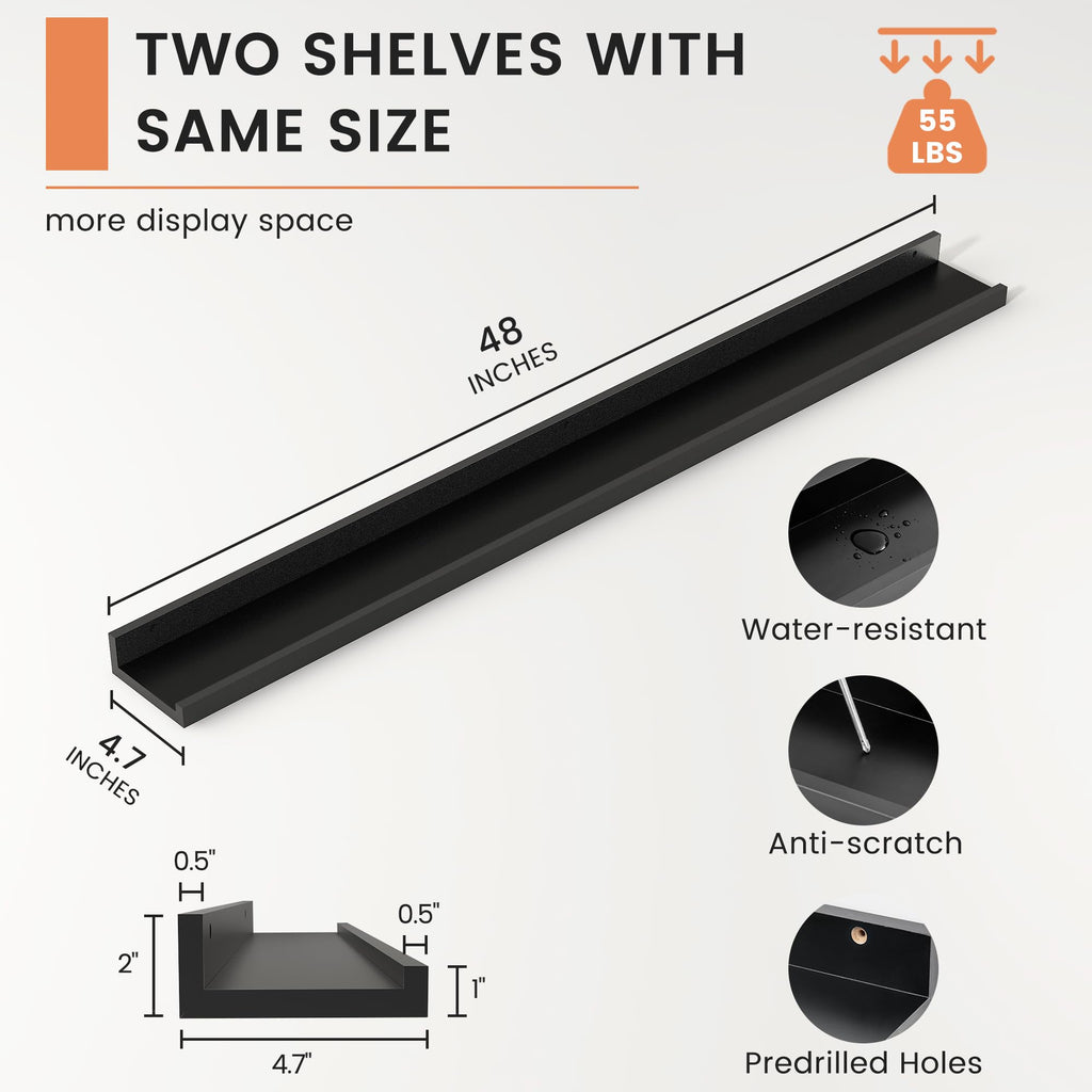 Picture Ledge Shelf, Floating Shelves for Wall, 48" W Set of 2, Black