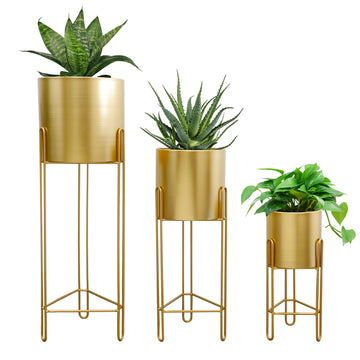 Set of 3 Large Planters with Stand Gold Planter for Indoor Plants 29 &22 &12" Tall Morden Metal Plant Pots Corner