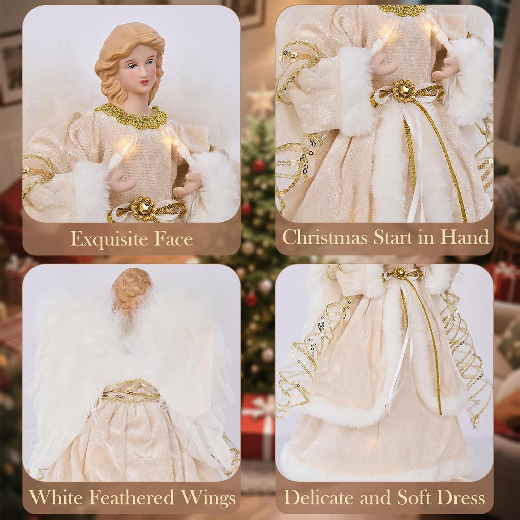 Angel Christmas Tree Topper, 13.7 Inch Angel Tree Topper with Lights, Christmas Tree Topper with White Feather Wings