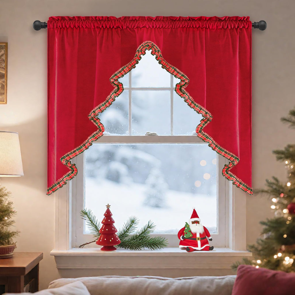 Christmas Valance Christmas Tree Kitchen Curtain with Plaid Hem Red Velvet Valance Rod Pocket Swag Valances for