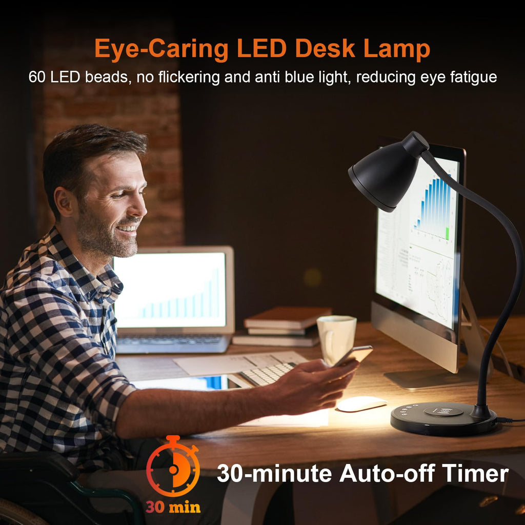 Desk Lamp with USB C+A Charging Ports Timer Black