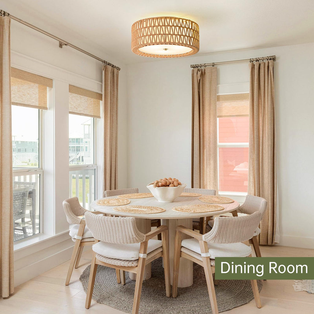 15.7" Rattan Ceiling Light, Boho Semi Flush Mount Light Fixture