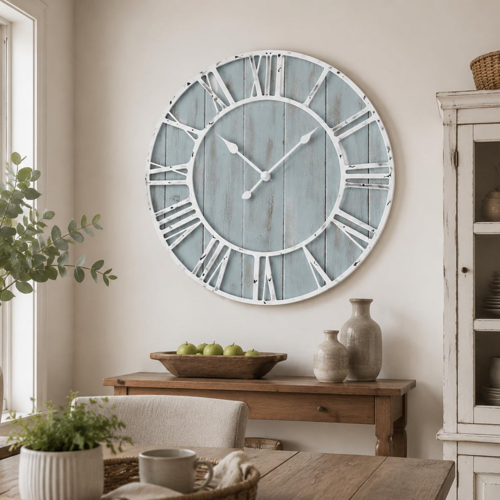 30 Inch Large Coastal Wall Clock, Blue Farmhouse Clock