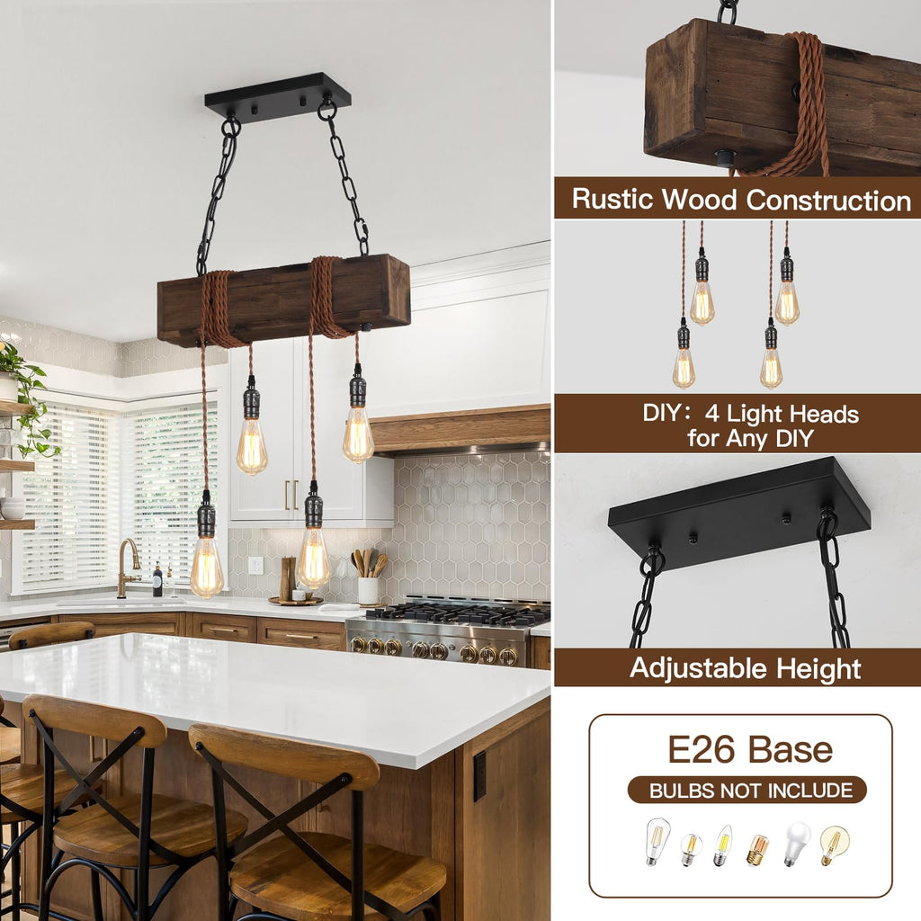 4-Light Rustic Chandelier, Farmhouse Kitchen Island Lighting