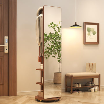 Solid Wood Full Length Mirror Coat Rack, 70" x 20" Oversize Standing Mirror Full Length with Brake Wheels, Floor