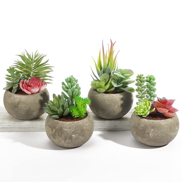 Succulents Plants Artificial 4 Pack, Mini Fake Succulents in Pots, Assorted Small Faux Succulent Decorative Home