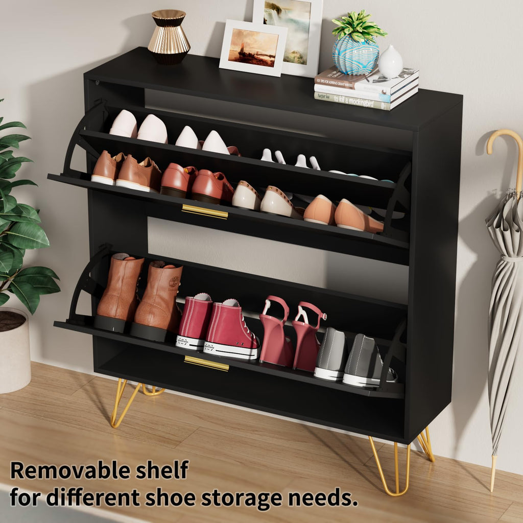 Shoe Cabinet Slim, Black Shoe Storage Cabinet with 2 Flip Drawers, Narrow Shoe Rack Cabinet, Freestanding Shoe