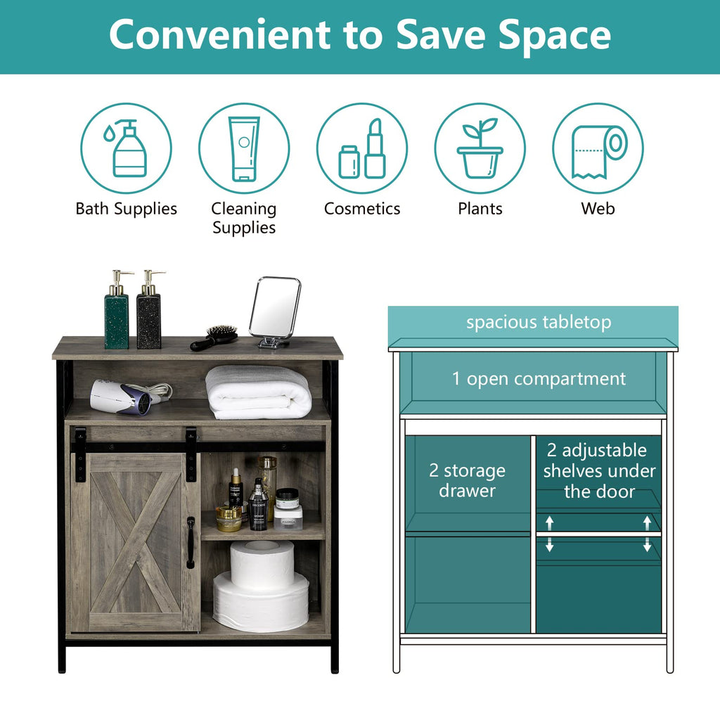 Farmhouse Bathroom Floor Storage Cabinet, Rustic Freestanding Cabinet Organizer w/Sliding Barn Door, 2 Large Drawers