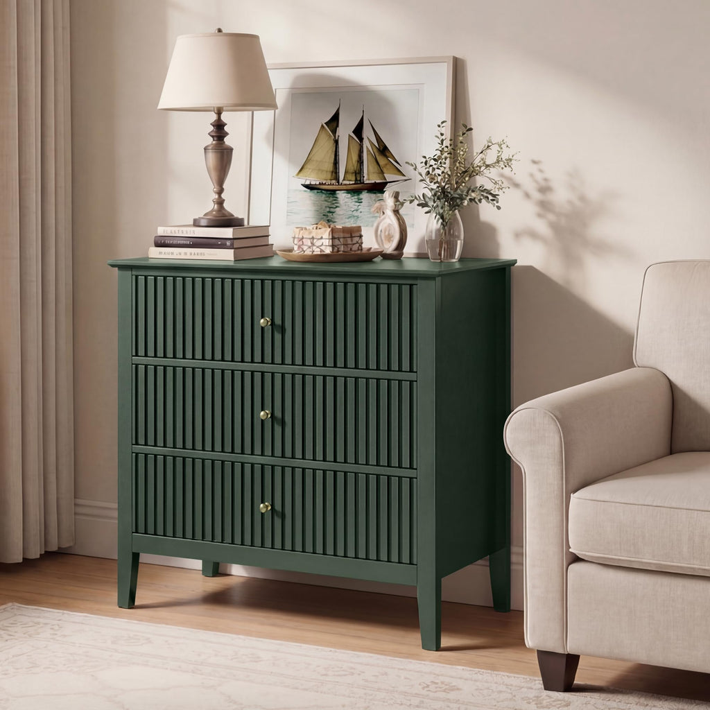 Fluted 3 Drawer Dresser, 32" Wide Nightstand, Green