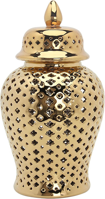 Gold Ceramic Ginger Jar with Lid Lattice 5.9x11inch Hollow Decorative Minimalist Ginger Jars Decor Vase Living Room