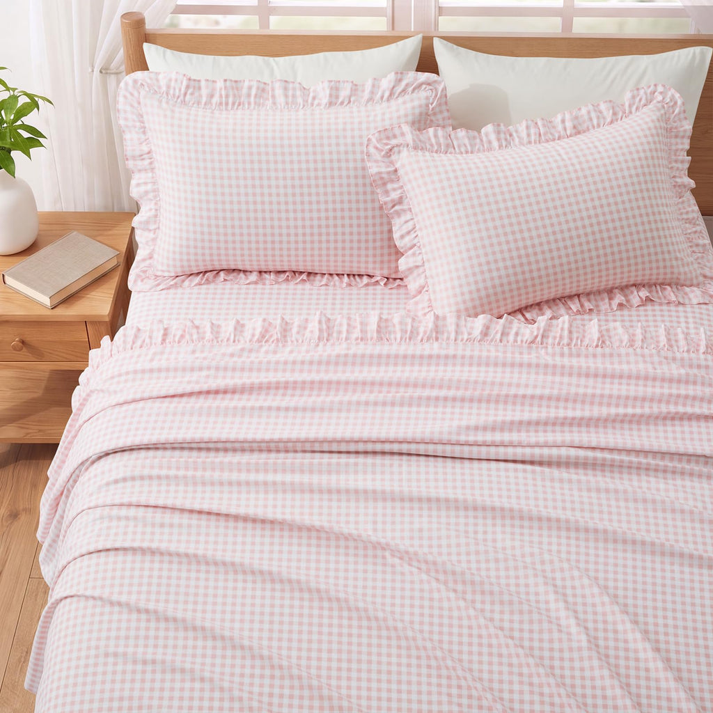 Gingham Ruffle Queen Sheet Set, Light Pink Microfiber Plaid Bed Sheets
