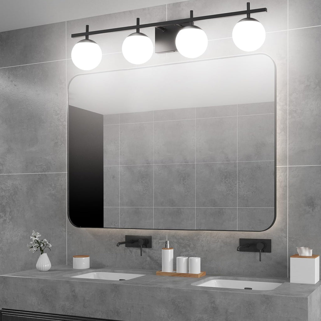 Black Vanity Lights Milky Glass Mid Century Modern Bathroom Vanity Wall Light Over Mirror, Black 4-Lights