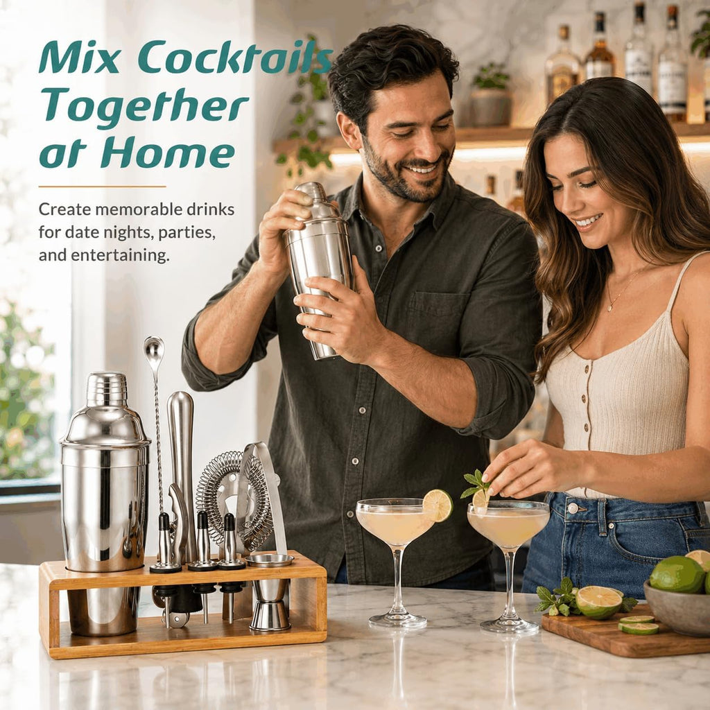 Cocktail Shaker Set, 18/8 Food-Grade Stainless Steel Mixology Bartender Kit 10-Piece Bar Tools with Stylish Bamboo