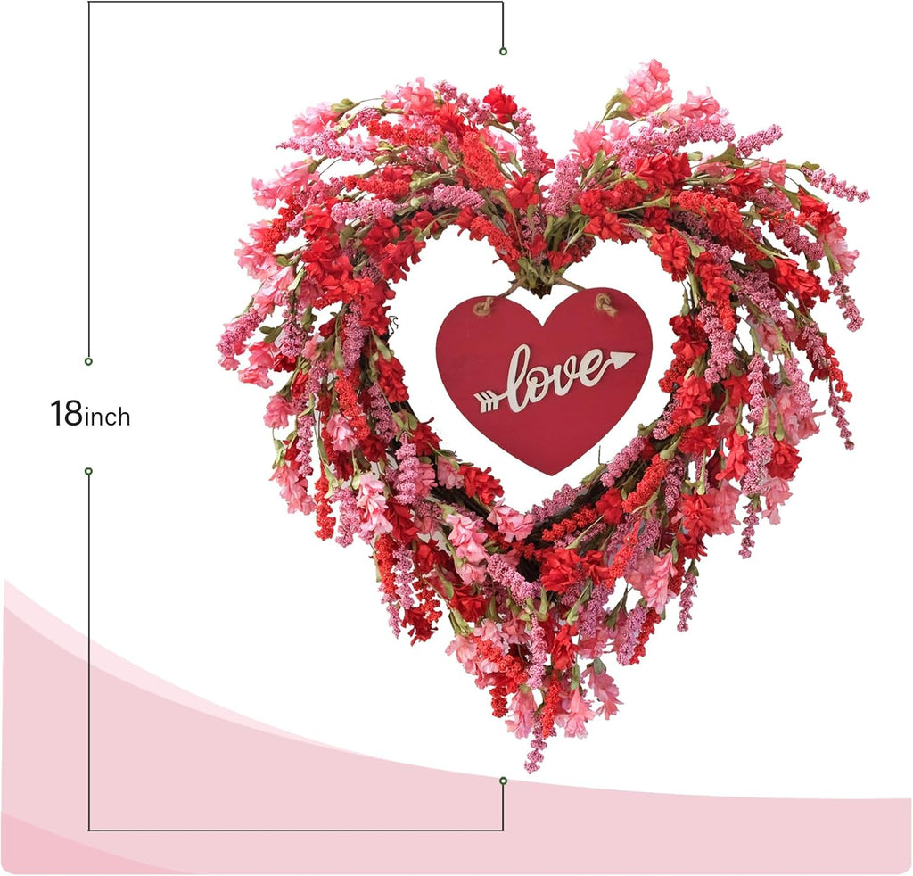18 Inch Valentine's Day Wreath for Front Door Spring/Summer Red Flower Heart Wreath with Sign for Wedding Window Home