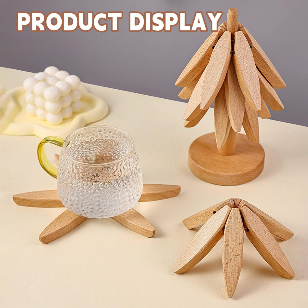 Natural Foldable Black Walnut Wooden Trivet Set - 4 Trivets + 1 Stand for Hot Dishes, Pot, Bowl, Teapot, Hot Pot