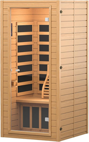 Springspa Far Infrared Sauna, Low EMF 1 Person Sauna, Indoor Canadian Hemlock Wood Home Dry Saunas Room with 1400W