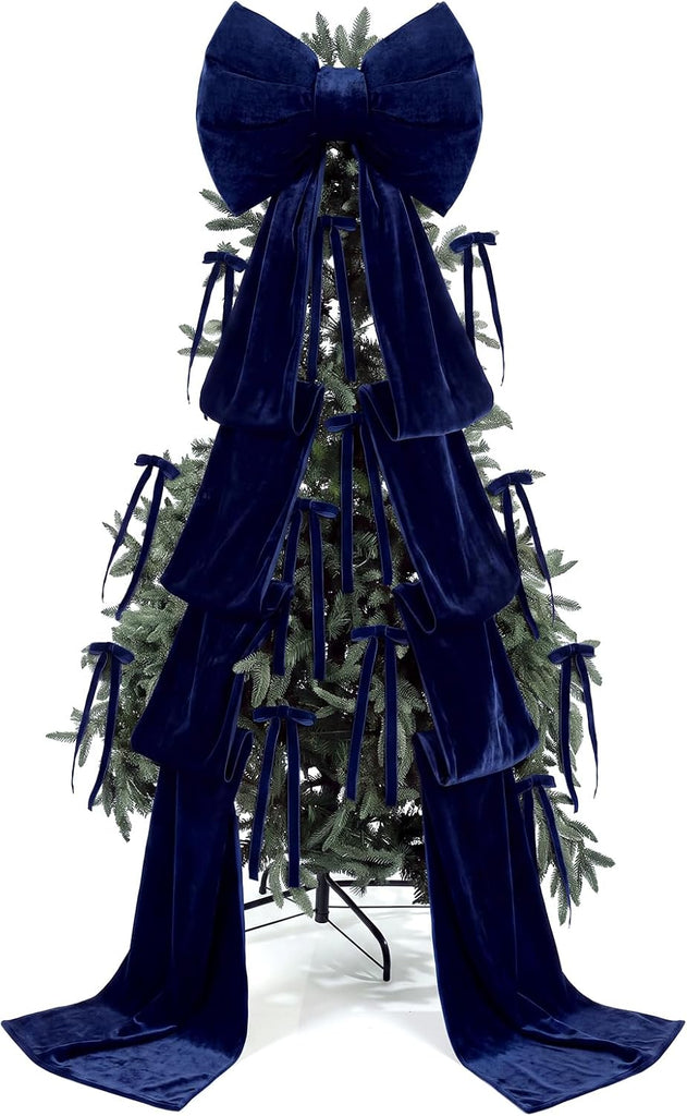 8.2ft Large Navy Blue Velvet Bow Christmas Tree Topper, 12pcs Ribbon Bows