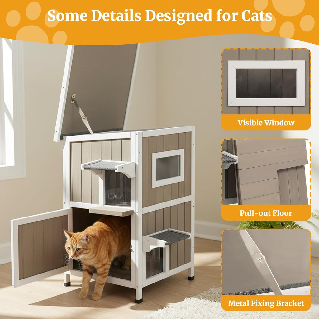 2-Story Outdoor Cat House, Weatherproof Wooden Feral Cat Shelter with Openable Roof, PVC Curtains, Transparent