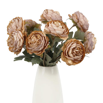 10pcs Coffee Peonies Artificial Real Touch Silk Peonies with Stems Real Look Fake Peony Wedding Hotel Office Party
