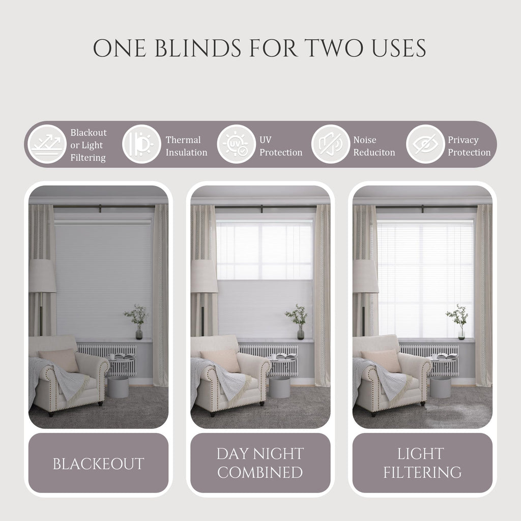 Motorized Day Night Cellular Shades, Smart Electric Double Honeycomb Blinds with Remote, Blackout and Light Filtering