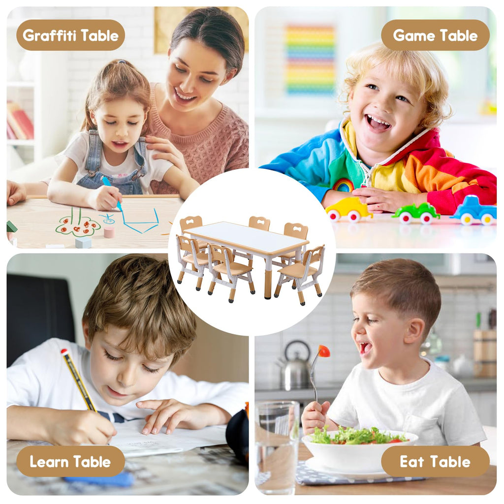Kids Table and Chair Set Height-Adjustable Toddler & 6-Chair Set with Graffiti-Proof Desktop, Non-Slip Legs