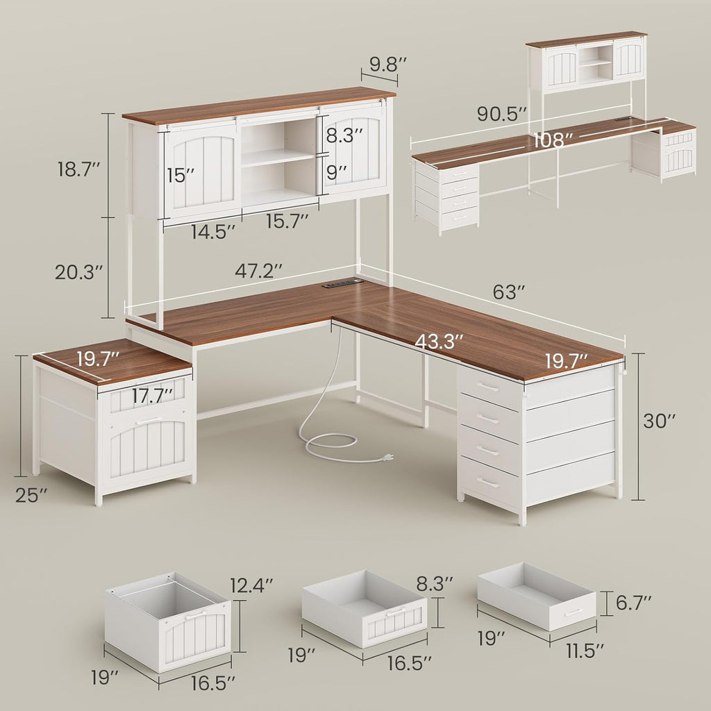 Reversible Farmhouse L-Shaped Desk with Hutch, 6 Drawers, File Drawer & Power Outlets