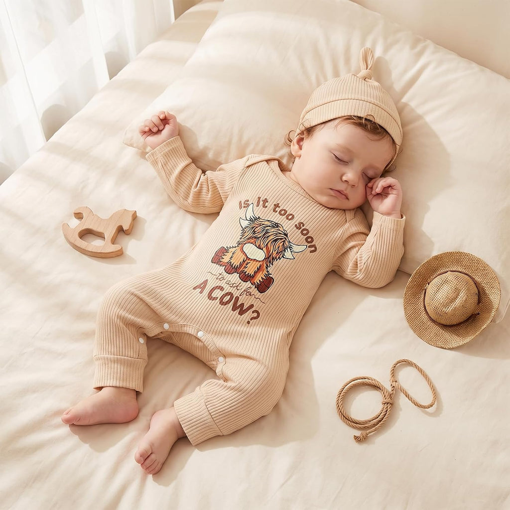 Newborn Highland Cow Romper Hat Set Ribbed Long Sleeve Baby Outfit
